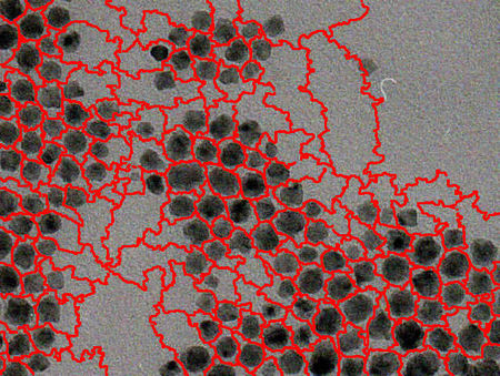 Found watershed around particles drawn in red.